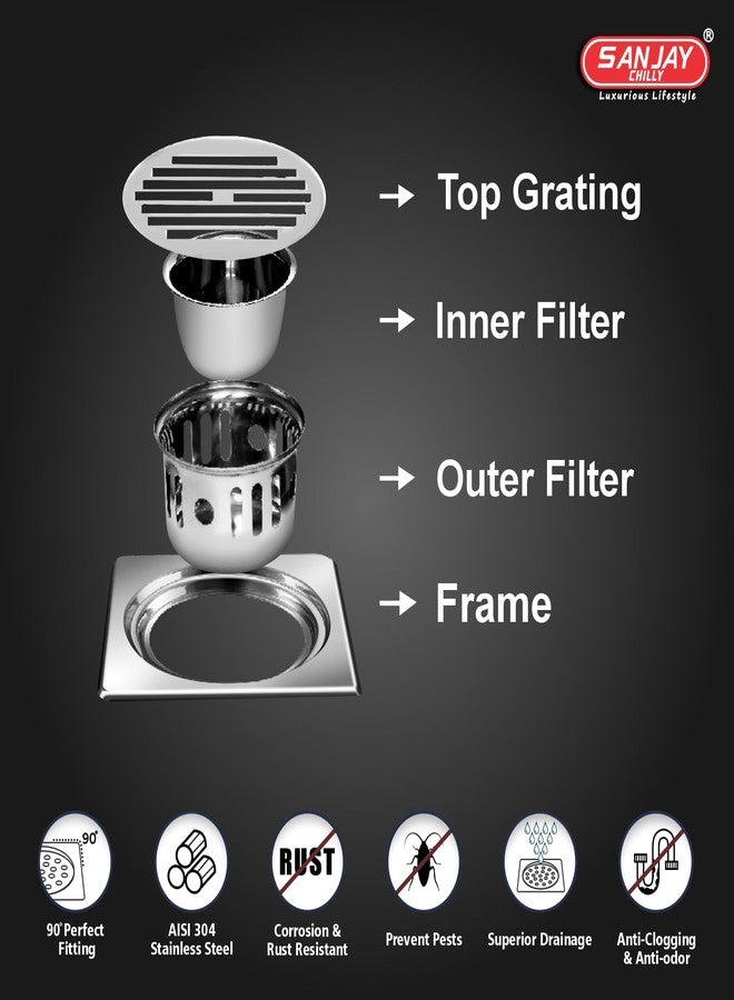 Sanjay Chilly Floor Drain with Cockroach Trap 304 Stainless Steel Grade Bathroom Gratings Floor Cover Jali Waste Water Drainer Strainer Washbasin Sink Toilet Anti Odor (Square Classic 5x5 INCH) - Image 4